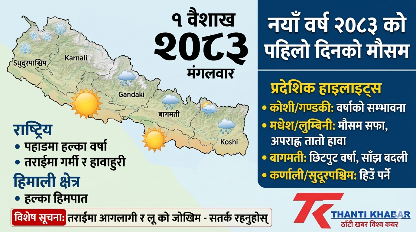 नयाँ वर्षको सुरुवातमा पहाडी क्षेत्रमा बदली: कोशी र गण्डकी प्रदेशका पहाडी भू-भागमा आंशिकदेखि सामान्य बदलीको सम्भावना।