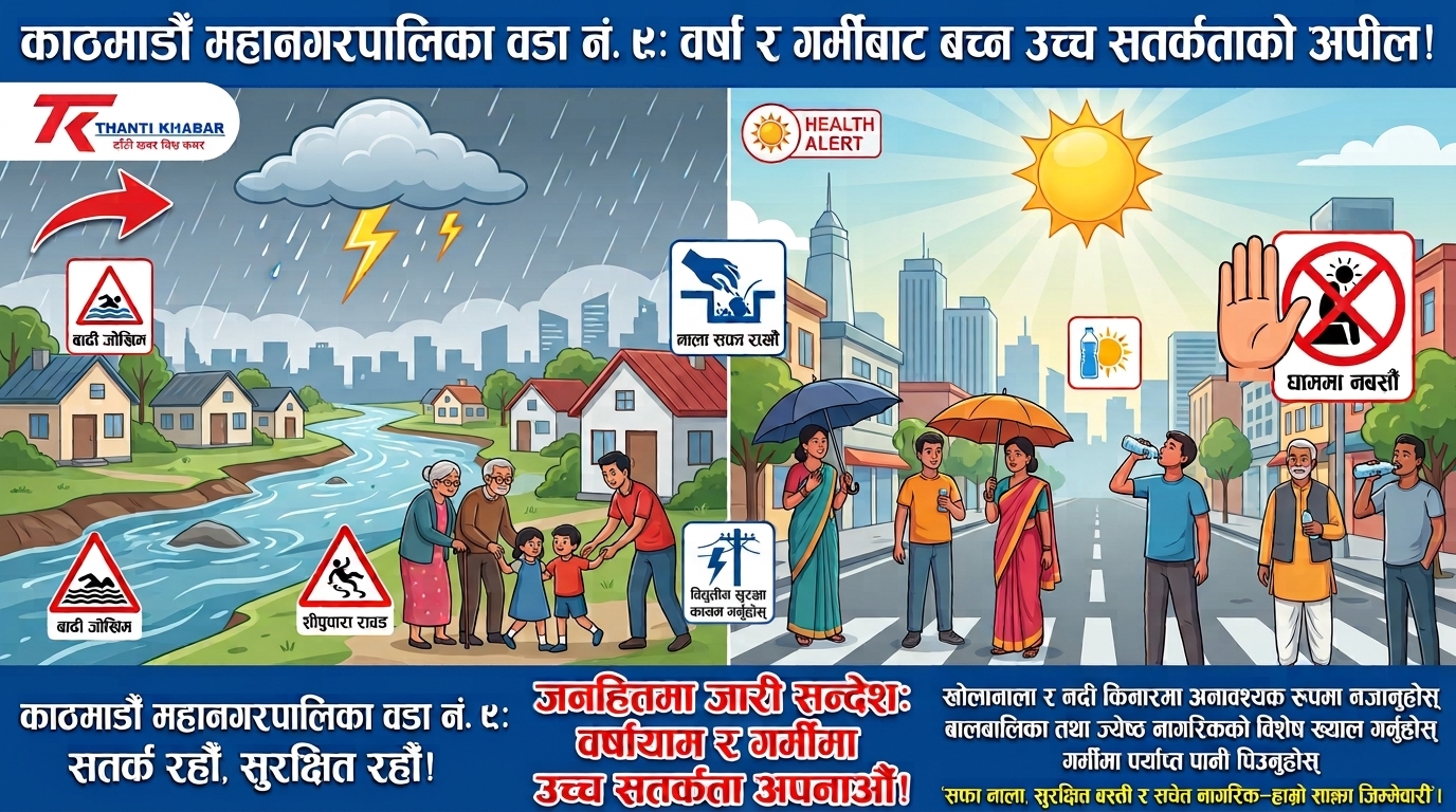 वर्षायाम र गर्मीलाई मध्यनजर गर्दै वडा नं. ९ द्वारा सतर्कता अपनाउन आग्रह