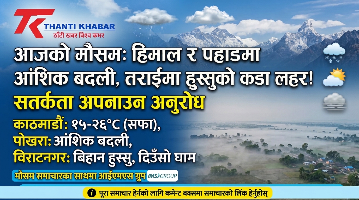 आजको मौसम: हिमाली र पहाडी भूभागमा आंशिक बदली, तराईमा हुस्सु लाग्ने सम्भावना